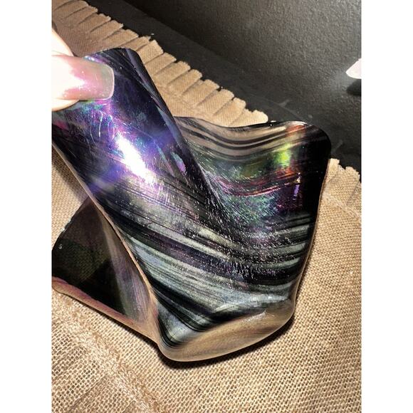 Vintage HAND BLOWN ART GLASS IRIDESCENT HANDKERCHIEF CANDLE HOLDER Vase EUC - Picture 9 of 16